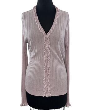 Anne Fontaine Light Pink Purple Metallic Cardigan Ruffle Trim Front Button Sz 46